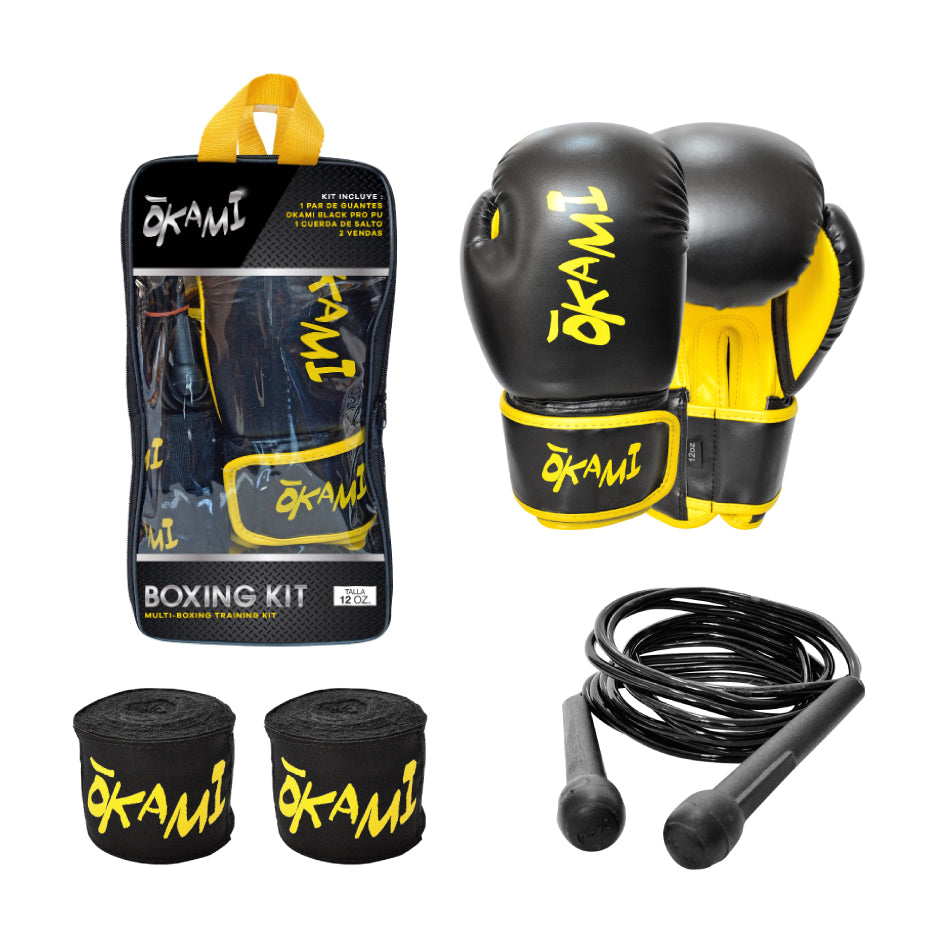 Kit Box Okami Guante + Cuerda + Venda Black Pro-Pu
